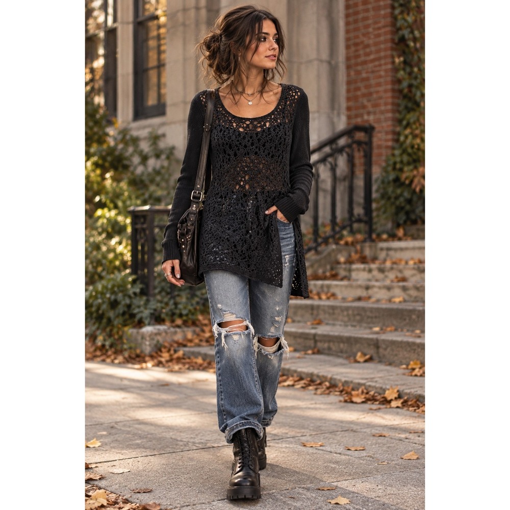 Heather B Womens L Black Crochet Open Knit Tunic Sweater Cotton Boho Long Sleeve